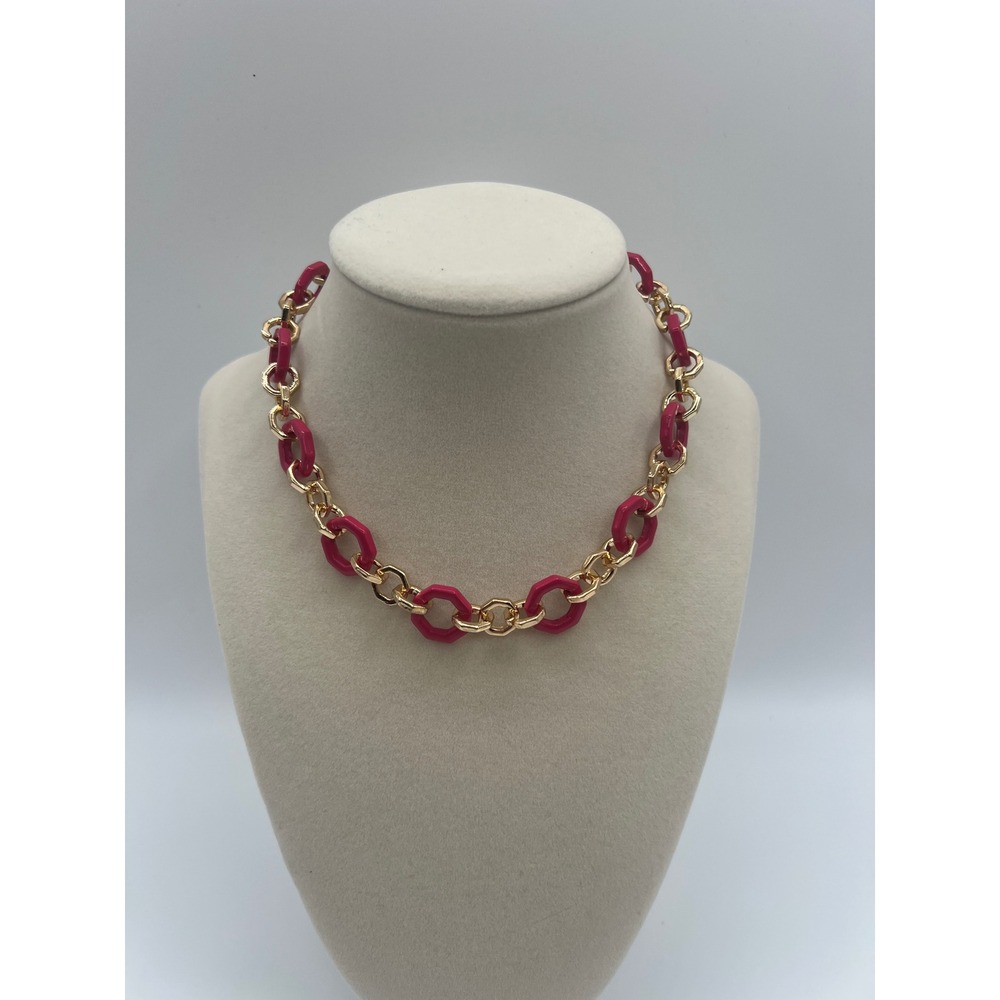 Pink Gold Tone Geometric Hexagon Link Statement Necklace Chunky Chain Collar